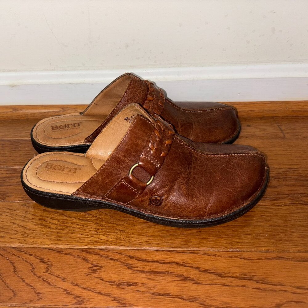 Born Brown Leather Clogs Mules Woman Size 8 Excellent